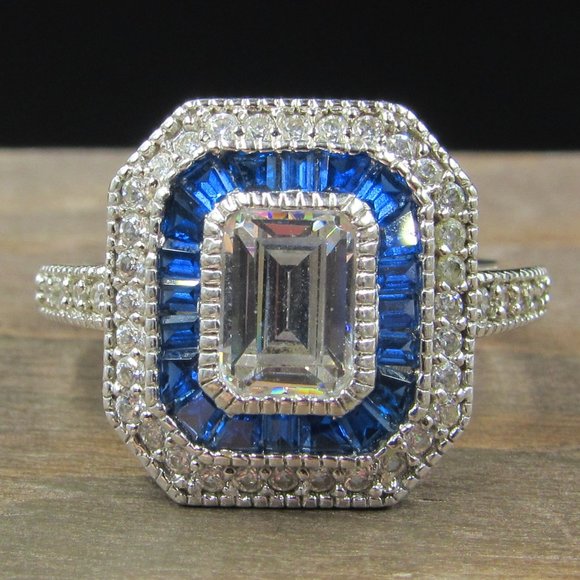 Jewelry - Size 6.25 Sterling Silver Cubic Zirconia & Blue Topaz Fancy Band Ring Vintage